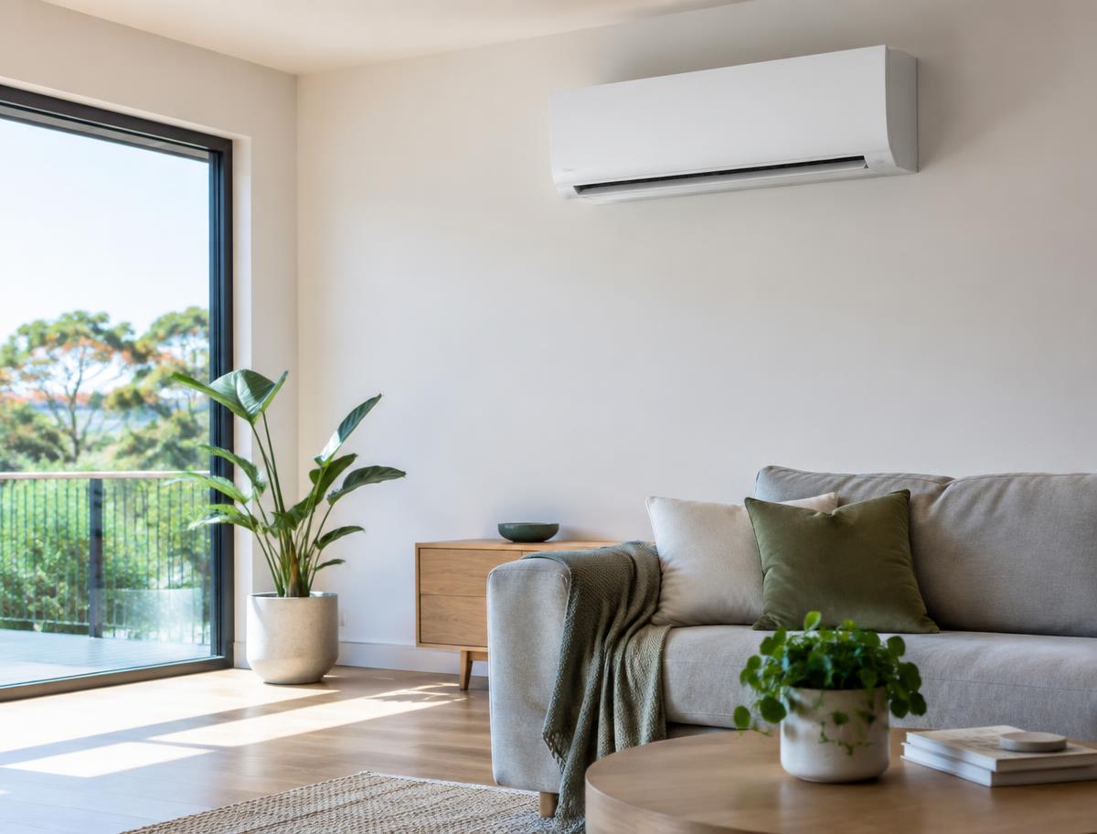 Wall-mounted split-system air conditioner in a bright living room