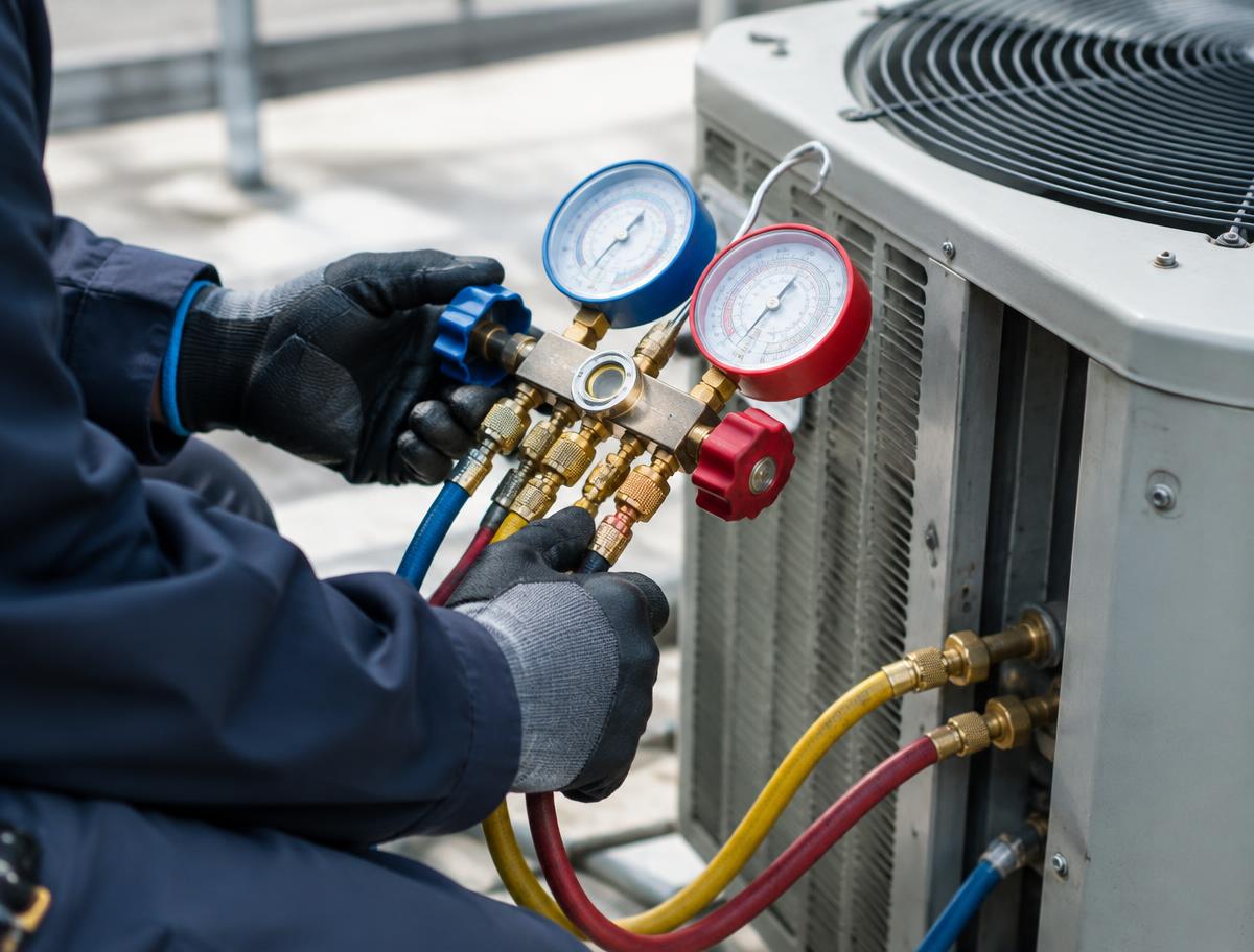 Technician connecting refrigerant gauges to an outdoor air-conditioning unit